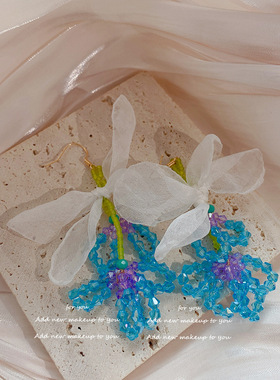 原创丝带蝴蝶结花瓣串珠耳环春夏新款耳环女手工制作耳饰品