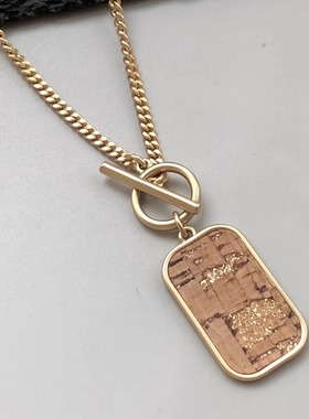 美单LB哑光金色木纹吊坠OT扣项链