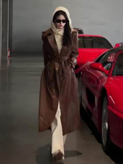 《有货的!》小众设计法式气质韩版收腰皮风衣外套女秋冬时尚大衣