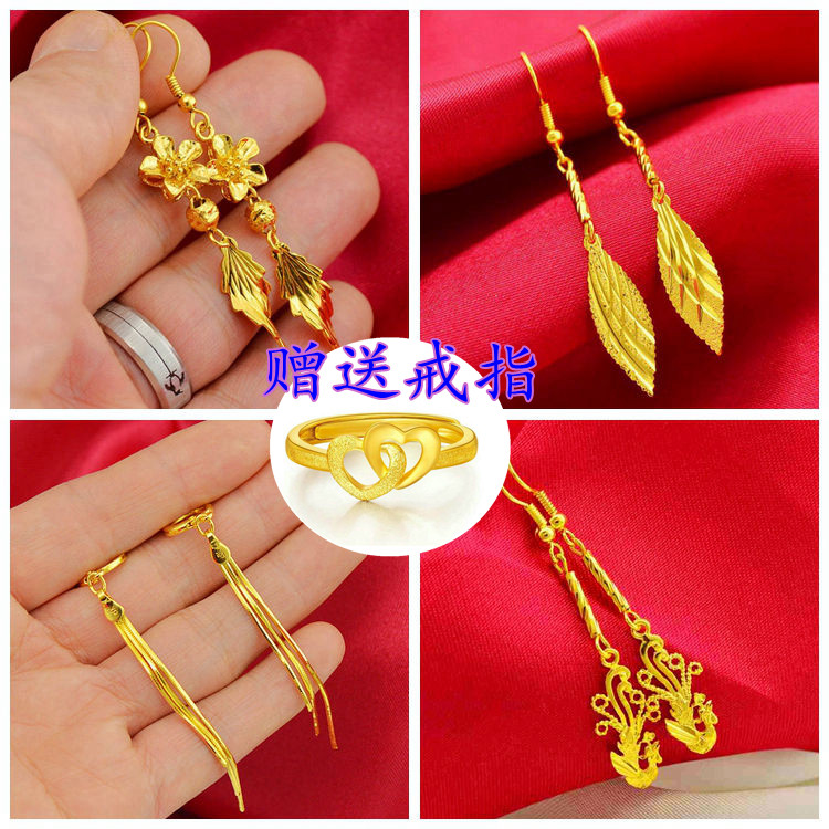 足金女999黄金长孔雀大耳环珠宝首饰不掉色沙金耳坠24K防过敏耳饰