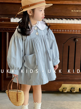 2025秋装韩系女童中长款风衣外套蓝色儿童宝宝纯棉娃娃领外搭上衣