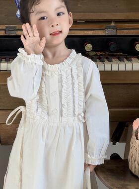 森系2025春夏宝宝长袖花边连衣裙女童杏色裙子儿童长裙洋气女杏色