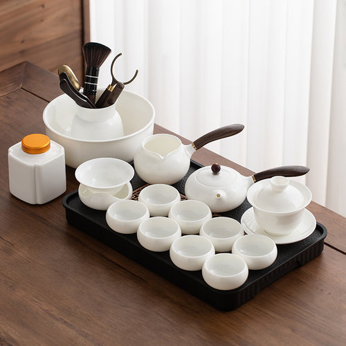 羊脂玉功夫茶具套组家用客厅办公泡茶盖碗茶杯会客高档轻奢白瓷