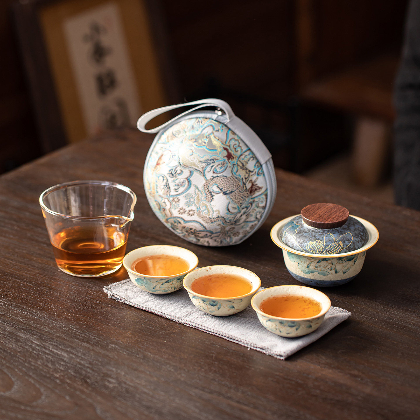 荷韵快客杯旅行茶具一壶三杯中式便携式户外泡茶壶盖碗小套喝茶,餐饮具,旅行茶具,淘宝优惠券,粉丝福利购,淘宝优惠卷