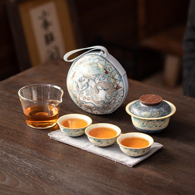 荷韵快客杯旅行茶具一壶三杯中式便携式户外泡茶壶盖碗小套喝茶