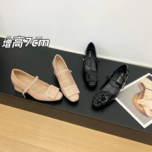 7cm烤漆方扣一字扣带单鞋女2026新款复古风圆头粗跟玛丽珍鞋