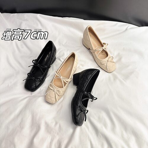 7cm蝴蝶结一字带粗跟单鞋女2026新款甜美风方头菱格玛丽珍鞋