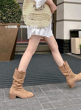 牛皮版~堆堆马丁靴旅游内方头短靴子高跟复古西部骑士中筒靴