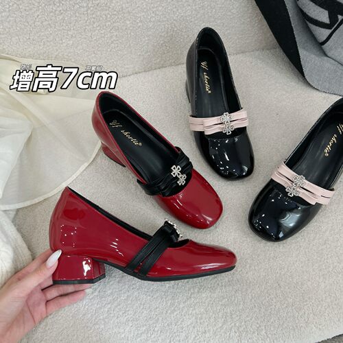7cm水钻蝴蝶结一字带粗跟单鞋女26新款法式漆皮圆头玛丽珍鞋