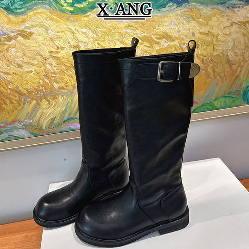 水洗牛皮粗跟显瘦高筒靴子女不过膝黑色长筒靴2026秋季新款骑士靴