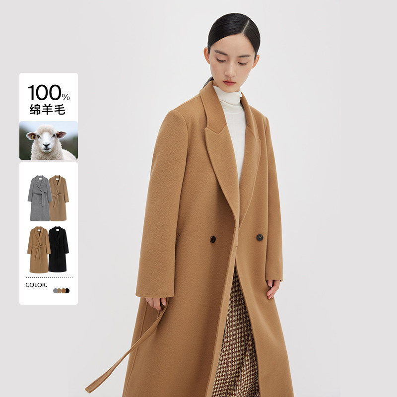 broadcast/播修身显瘦宽松百搭100%绵羊毛毛呢大衣中长款呢外套女