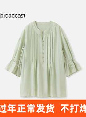 播优雅V领花式衬衫女25秋季新款绿色圆领宽松别致衬衣DDS3HD5016