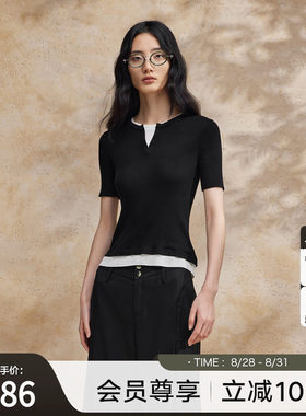 播假两件针织t恤女商场同款夏季气质修身法式短袖上衣BDR2SD1609