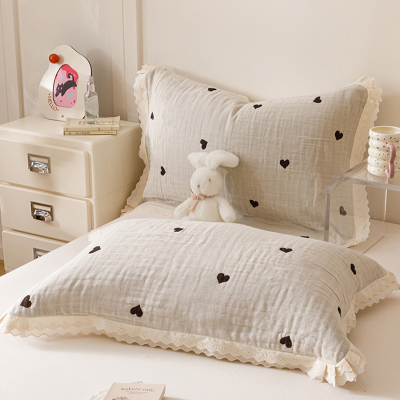 花边款纯棉四层纱布枕巾一对装