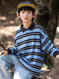 高织纯棉百搭彩色条纹长袖 秋季 T恤中大童儿童T polo衫 RS家男童长袖