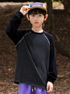RS家男童长袖 宽松洋气中大儿童T恤 T恤2025秋冬羊绒条纹插肩打底衫
