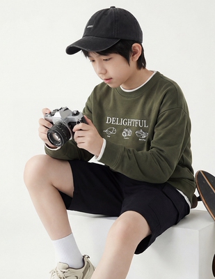 RS家青少年假两件长袖T恤男女童中大童40支双纱高品质休闲打底衫