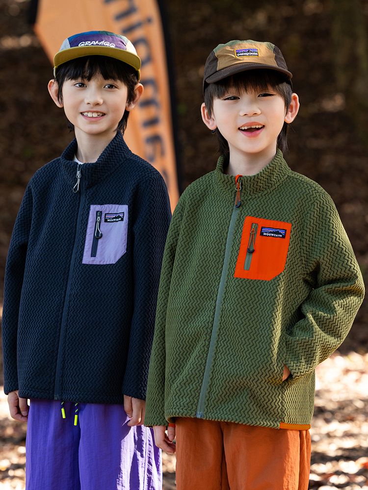 RS家男童外套秋冬季提花波浪线再生复合绒拉链外套中大童洋气外套