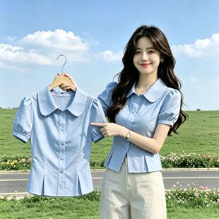 时尚纯色短袖衬衫女夏季新款小个子甜美娃娃领设计感气质开衫上衣