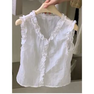 背心上衣女 品牌折扣店专柜撤柜2025年夏季 新款 法式 复古荷叶边无袖