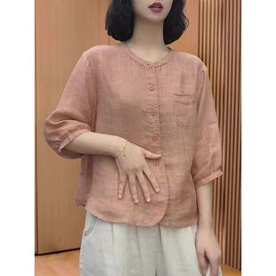 品牌折扣店专柜撤柜2025年夏季 新款 苎麻衬衫 女宽松显瘦圆领七分袖