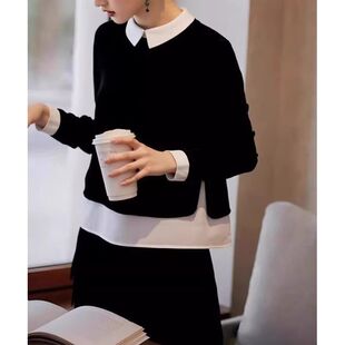 品牌折扣店专柜撤柜2025年秋季法式polo领黑色拼接假两件长袖上衣