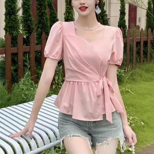品牌折扣店专柜撤柜2025年夏季 设计感褶皱侧面蝴蝶结上衣 新款 法式