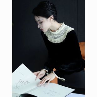 品牌折扣店专柜撤柜2025年秋季黑色丝绒衬衫巨好看荷叶边拼接上衣