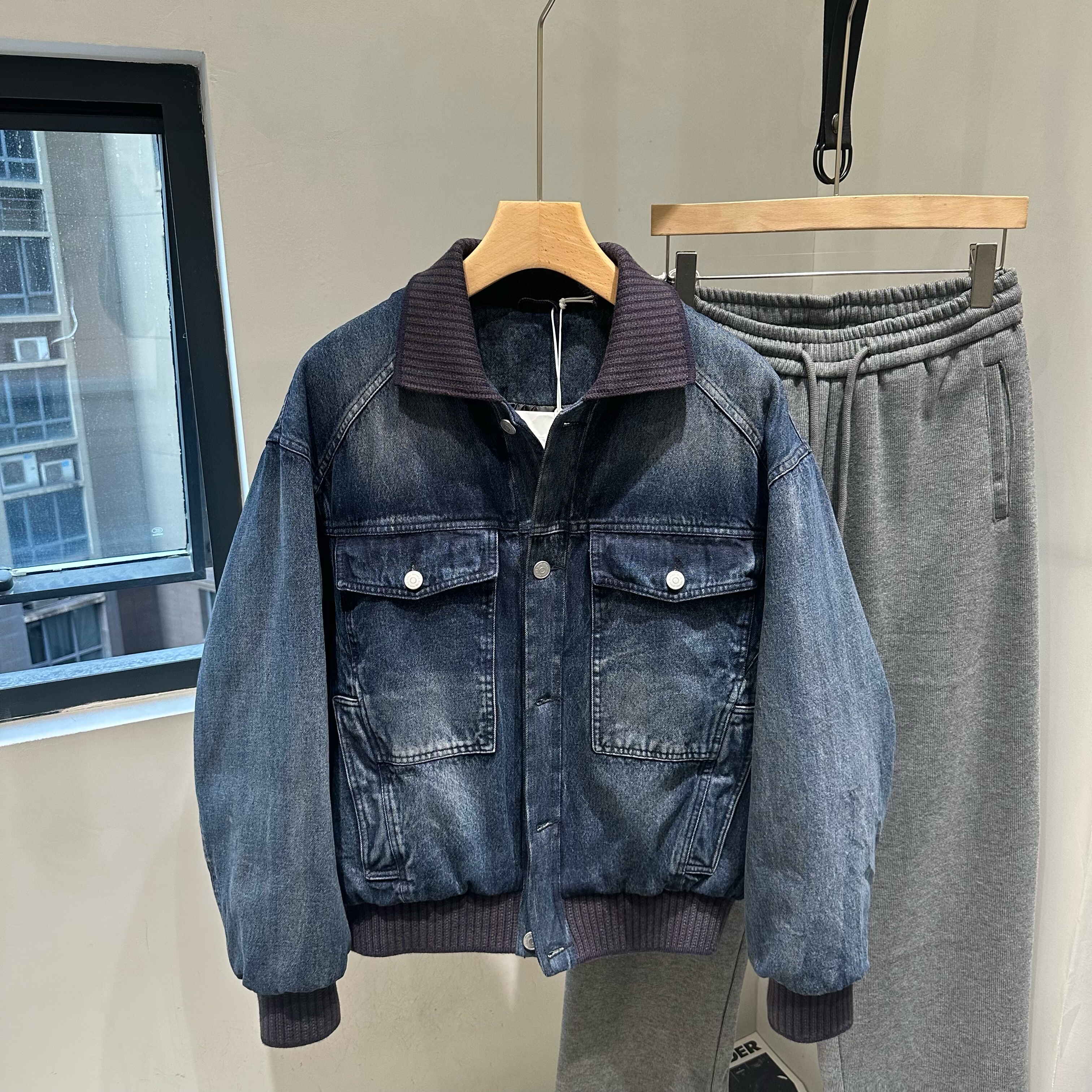 INTROVERT 韩版水洗拼接翻领羽绒服男90白鸭绒加厚保暖工装外套