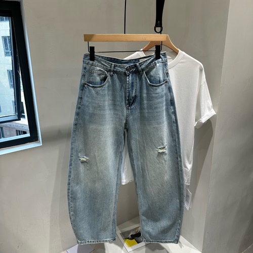 INTROVERT 美式复古水洗破洞cleanfit牛仔裤男宽松阔腿弯刀裤潮牌