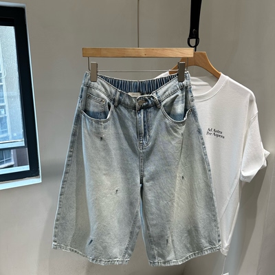 INTROVERT 韩版复古水洗泼墨设计感浅蓝牛仔短裤男宽松阔腿七分裤