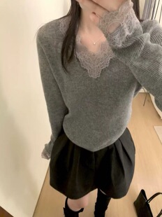 韩系简约百搭蕾丝拼接羊毛打底衫 2025冬季 新款