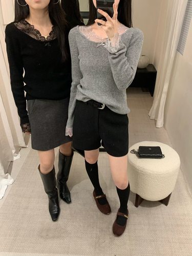 Dumpling 2025冬季新款韩系简约百搭蕾丝拼接修身显瘦羊毛打底衫