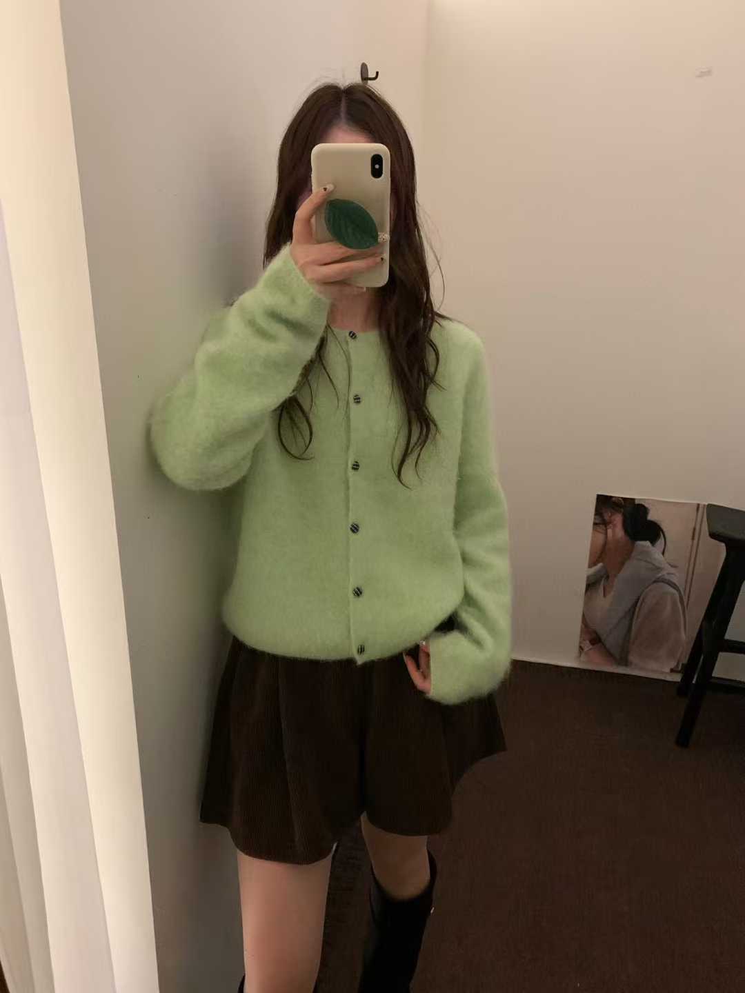 mone 正品2025冬季新款韩系简约百搭圆领狐狸绒拉绒开衫