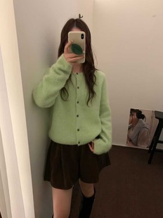 韩系简约百搭圆领狐狸绒拉绒开衫 mone 新款 2025冬季 正品