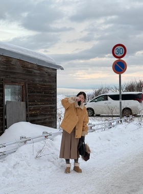 Focuse 2025冬季新款韩系简约百搭翻领宽松皮毛一体外套