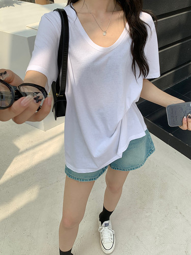 闰熙runxi4677-6正品韩国洗水磨破U领上衣短袖纯色面膜t恤大版T