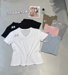 闰熙R家5408-3雪花棉大版宽松短袖女夏2024年简约纯色V领亲肤t恤