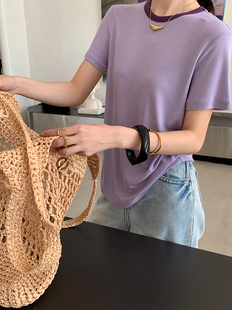 t恤2024SS撞色圆领亲肤上衣女 冰感天丝羊毛短袖 闰熙R家2510 6夏季