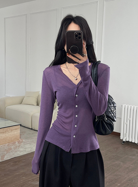 runxi闰熙美式复古开衫外套春夏内搭天丝羊毛外穿长袖上衣女6157