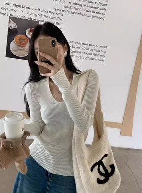 闰熙家5735-6正品蚕丝羊毛U领Polo衫超级显瘦露锁骨长袖T恤上衣女