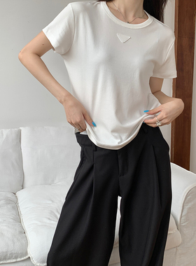 闰熙CECLLIA家4979-7韩国定制棉白色三角标宽松正肩短袖T恤女夏潮