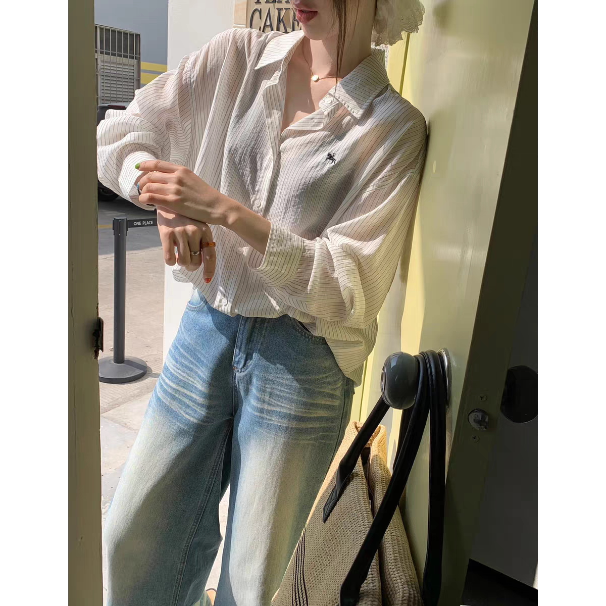 闰熙CECLLIA正品小马刺绣莱赛尔条纹长袖T恤衬衫女26春夏防晒上衣