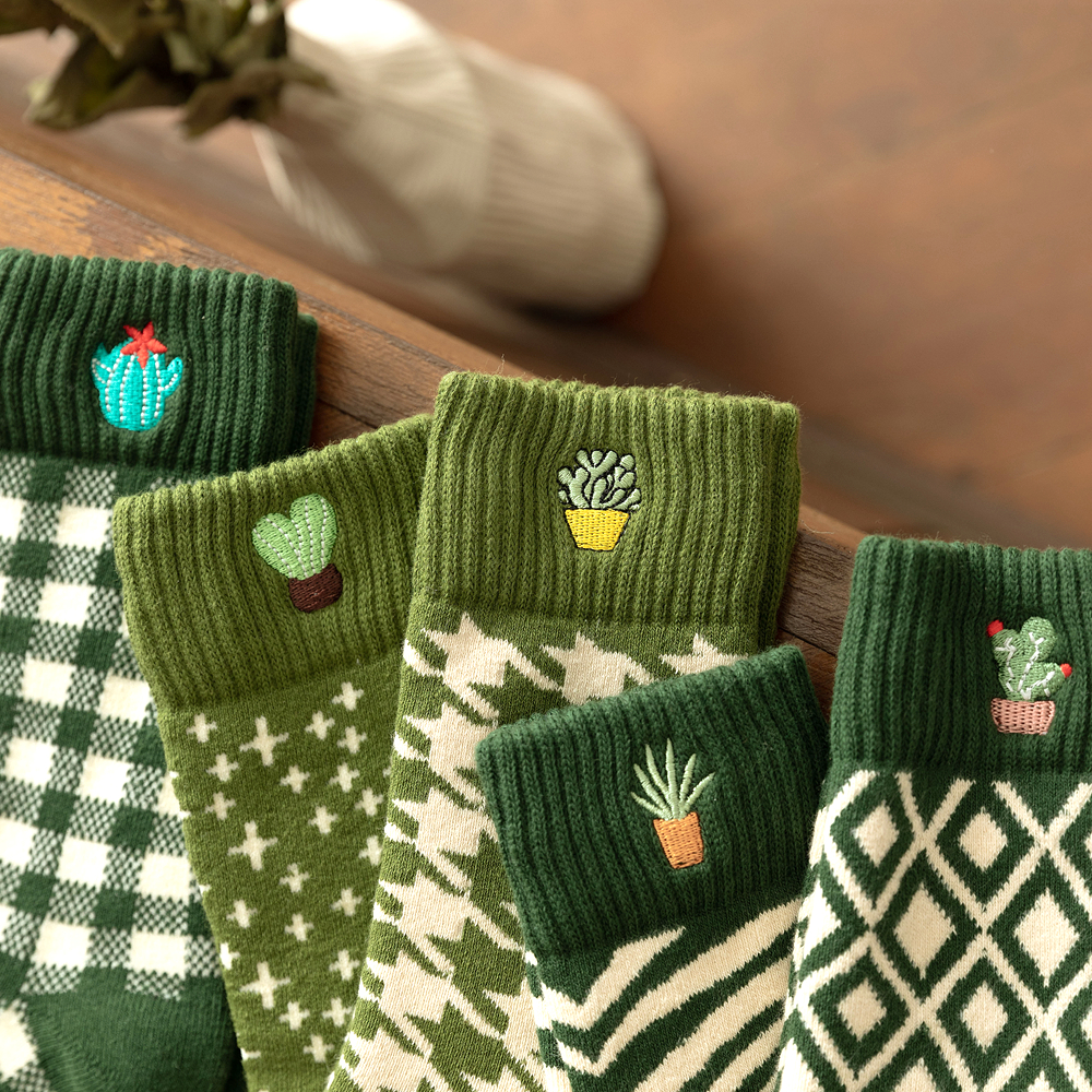 秋绿植系加厚保暖毛圈中筒袜子