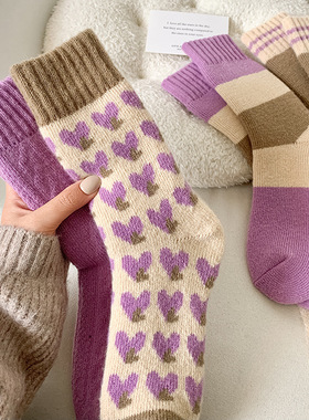 冬新加绒紫色爱心小花袜子毛圈毛巾底羊绒保暖中筒女袜百搭实