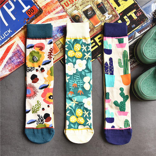 春新外穿潮袜植物系仙人掌涂鸦棉多彩个性时尚直筒袜子百搭socks
