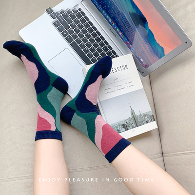 复古拼色撞色中筒袜文艺女情侣