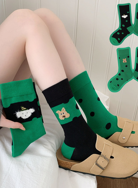 波点AB潮袜子不对称狗狗绿色无骨堆堆撞色中长筒卡通百搭个性女袜