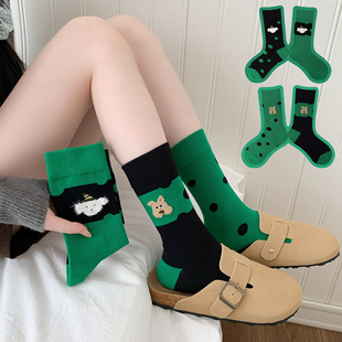 波点AB潮袜子不对称狗狗绿色无骨堆堆撞色中长筒卡通百搭个性女袜