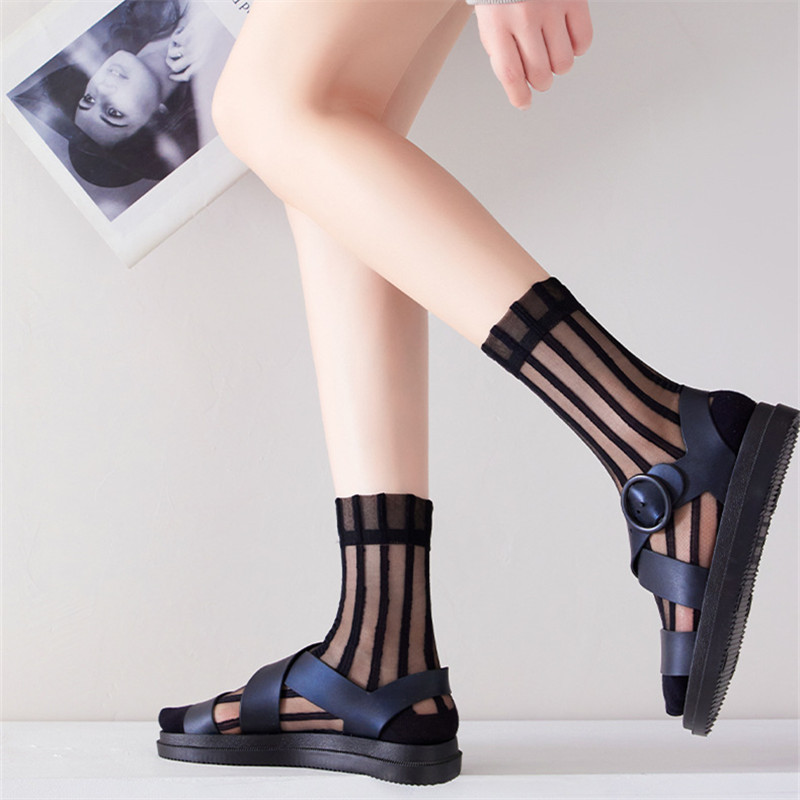 竖条纹玻璃丝袜子水晶丝透气中筒